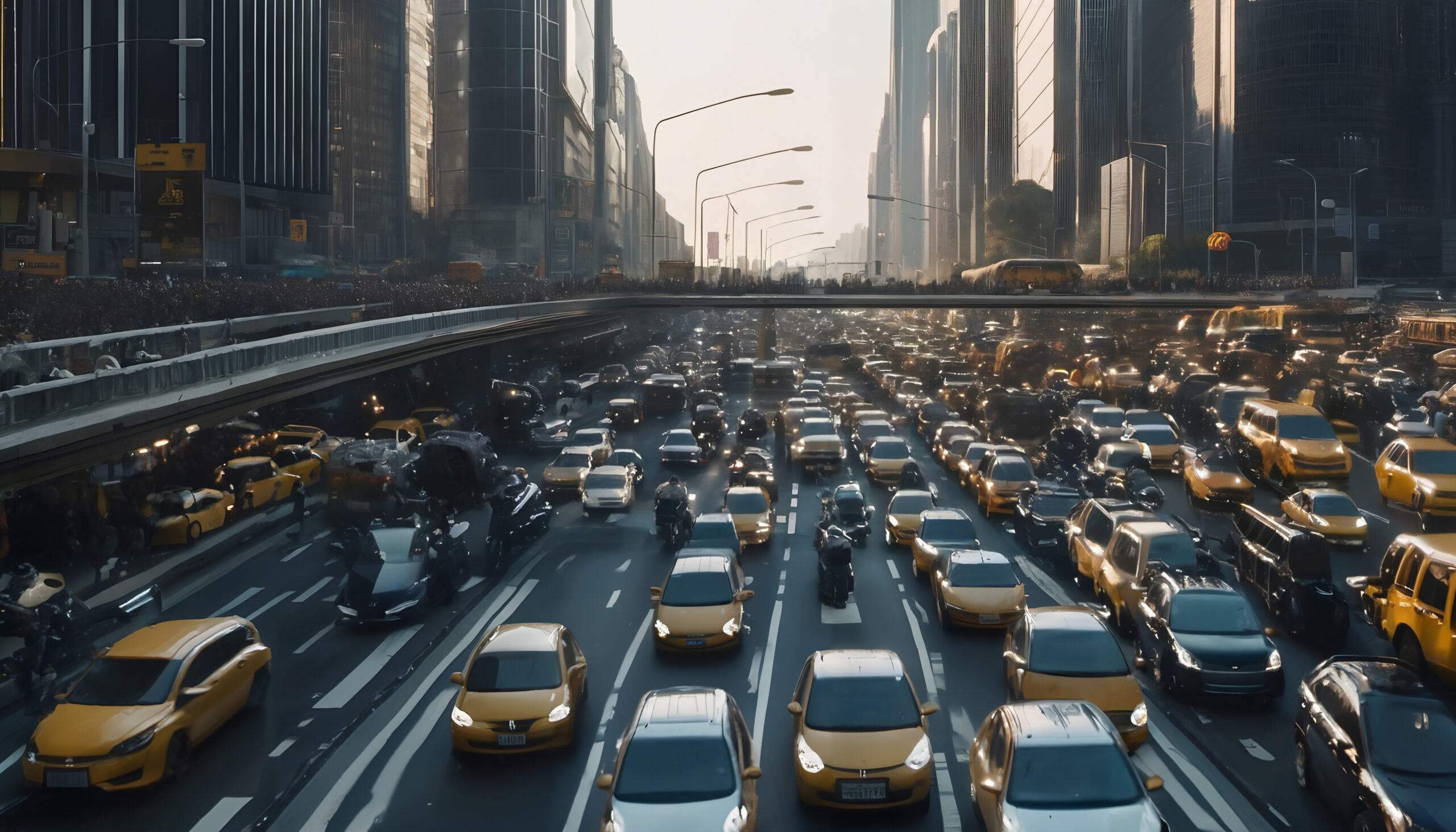 A large dystopian traffic jam in a city