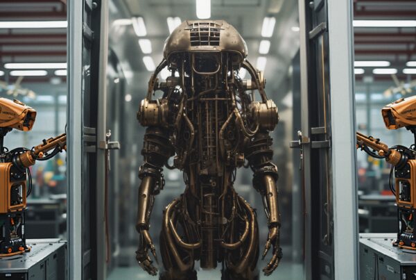 A central humanoid robot stands in a glass enclosure flanked by robotic arms in an industrial setting.
