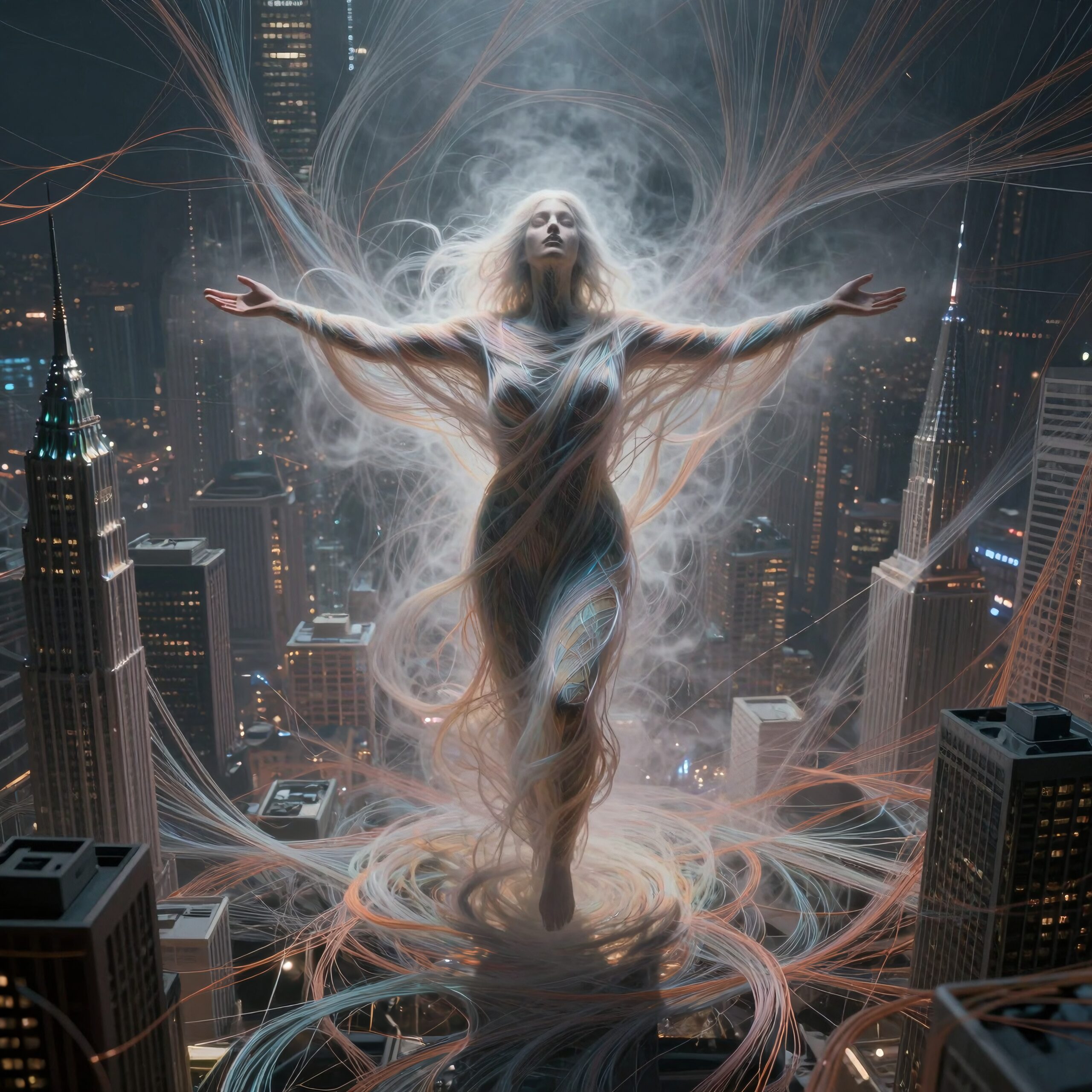 Ethereal Figure Over Cityscape