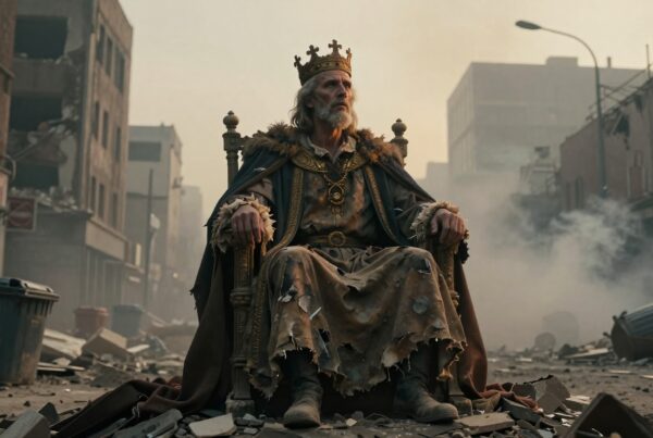 A contemplative king in regal attire sits amidst urban ruins, symbolizing lost power and desolation.