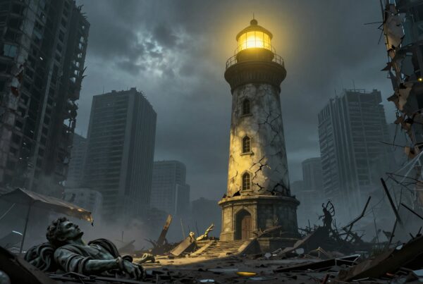 An illuminated lighthouse amidst urban ruins, standing resilient and hopeful in a stormy, post-apocalyptic cityscape.