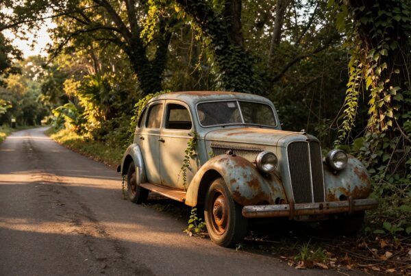 A rusted vintage car surrounded by ivy on a quiet forest road basking in the warm glow of sunlight filtering through the trees, evoking nostalgia and peacefulness.