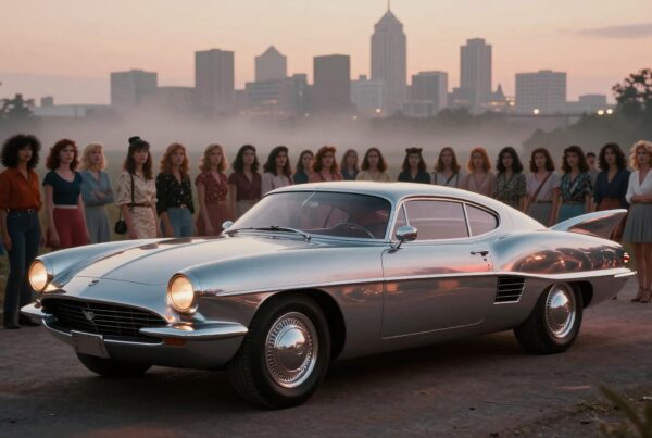 A classic silver car with vintage style admirers at dusk.