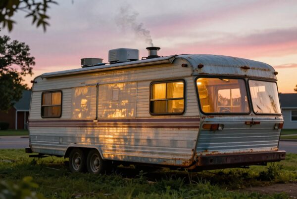 Vintage RV illuminated at sunset, radiating warmth against a tranquil suburban backdrop.