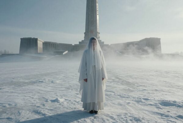 A lone white-clad figure stands before a mysterious snowy monument, enveloped in mist.