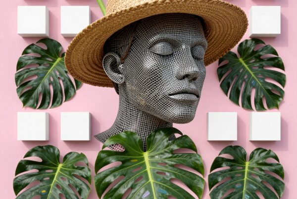 A surreal mesh head adorned with a straw hat amidst monstera leaves and geometric shapes on a pink background.