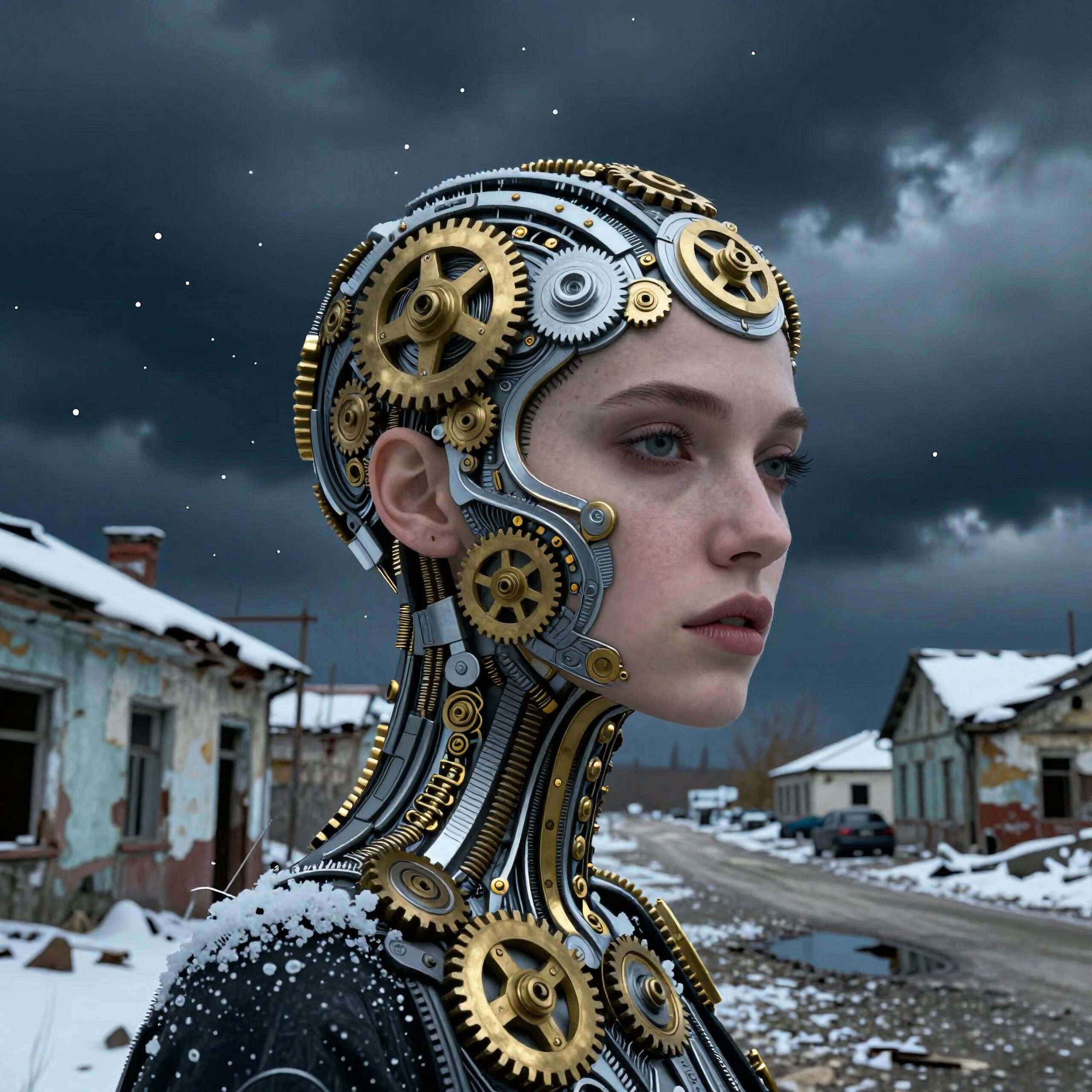 Futuristic Cyborg In Snowy Landscape