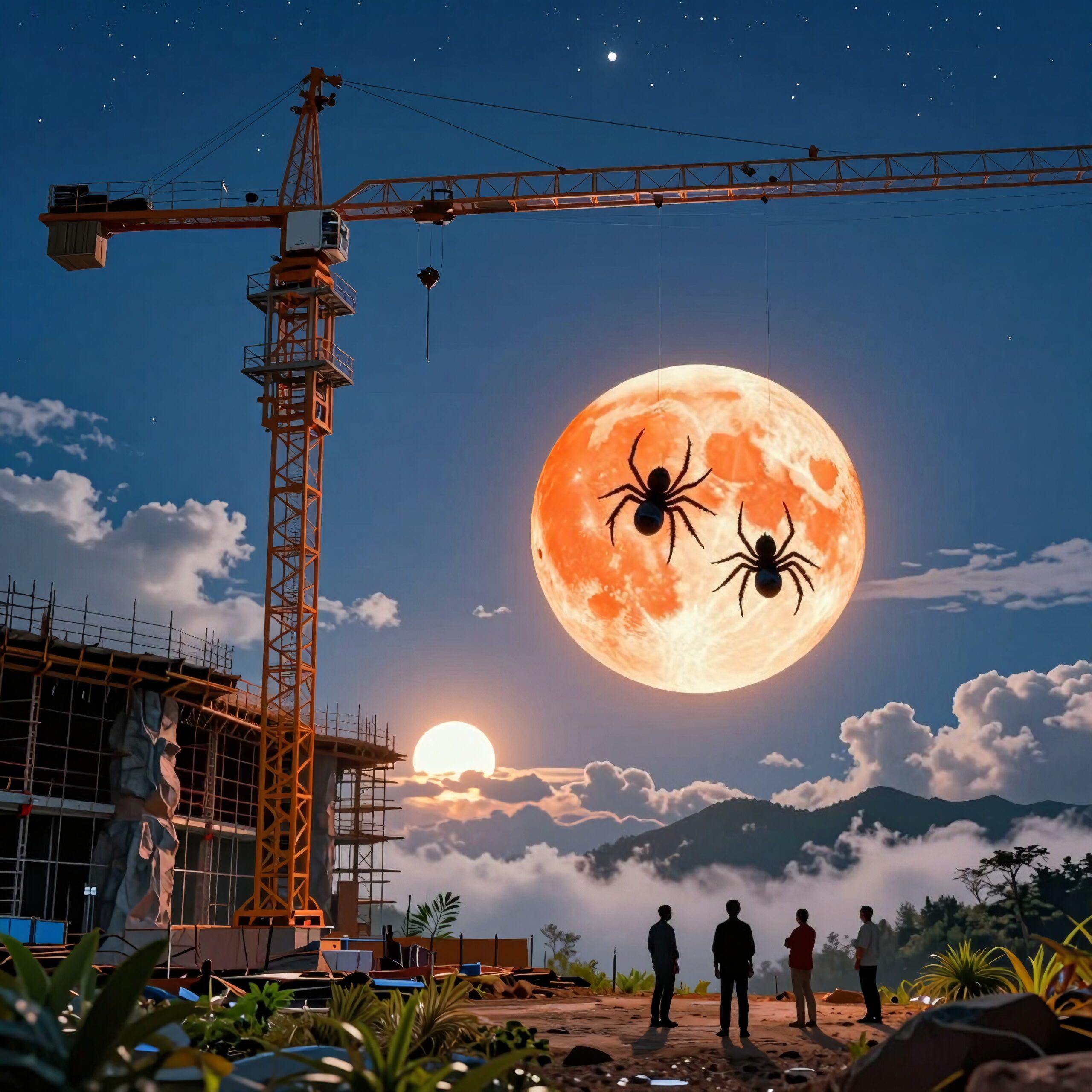 Giant Spiders Float Over Construction