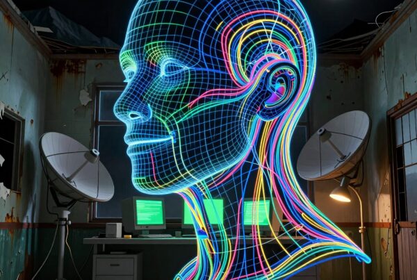 A neon wireframe head glows vibrantly in a dim room with satellite dishes, under a starry sky.
