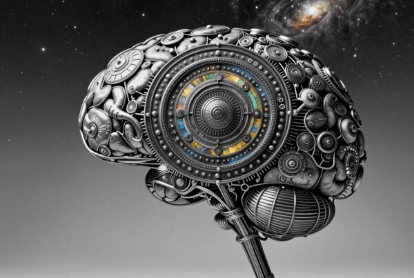A detailed mechanical brain blending technology and cosmic elements.