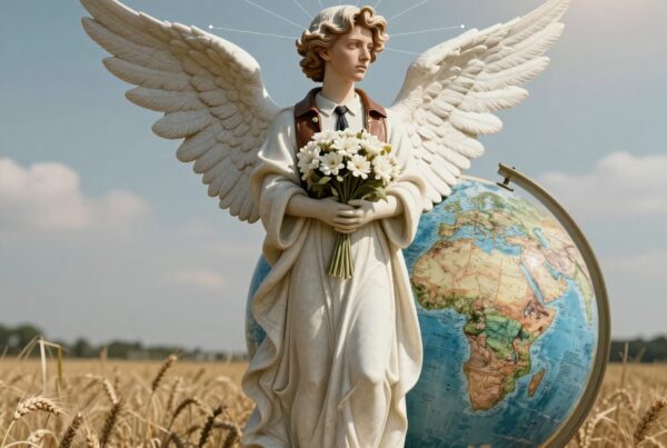 A marble angel with daisies stands in a wheat field beside a tilting globe under a bright sun.