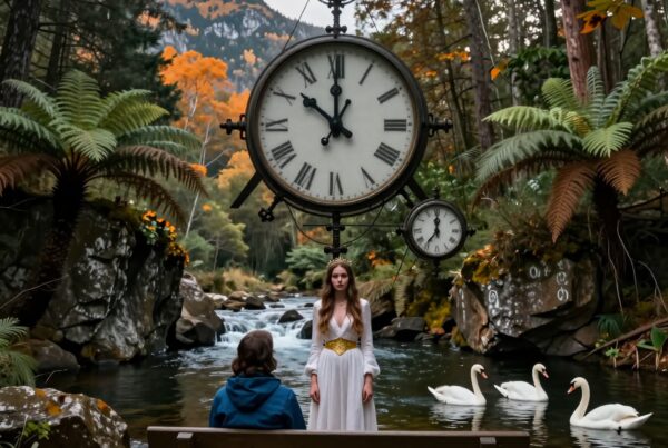 A woman in white stands before a surreal, oversized clock in a lush forest setting, while swans swim nearby.