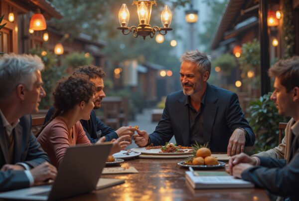 Business professionals dining outdoors under warm lanterns.