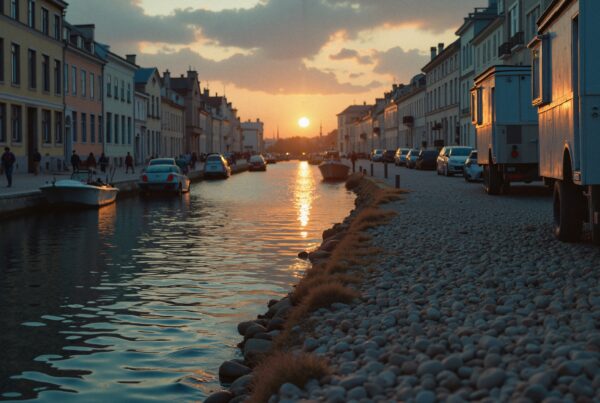A serene sunset over a European city canal with pastel buildings and reflective waters.