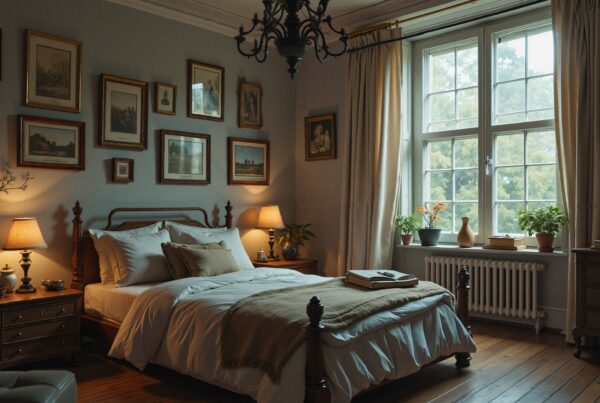 Cozy bedroom interior with vintage decor, featuring wooden bed, soft lighting, art, and plants by a window.