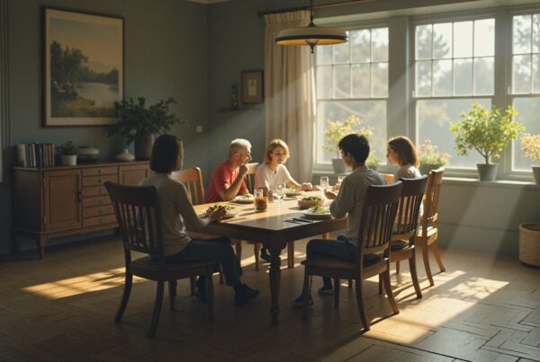 A family enjoys a meal together around a sunlit dining table, with greenery outside the large windows.