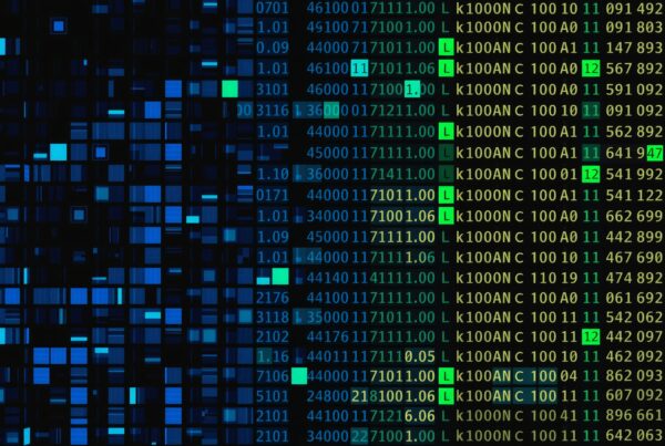 Vibrant digital data visualization with colorful blocks and numeric codes.