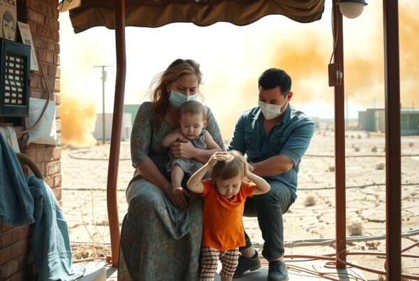 A family wearing masks on a porch in a desert landscape, with concerns over rising smoke in the background, depicting a tension-filled scene.