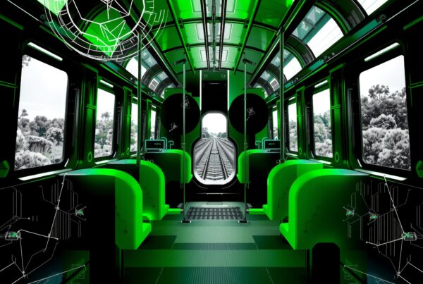 Futuristic train interior with neon green accents and advanced technology.