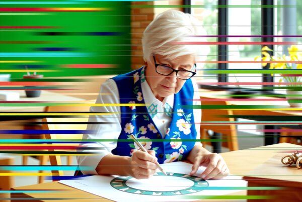 An elderly woman drawing a diagram in a sunlit room, with colorful lines adding an artistic touch to the scene.