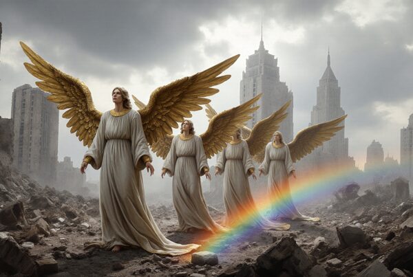 Angels with golden wings walking through ruins beneath a rainbow in a cityscape.