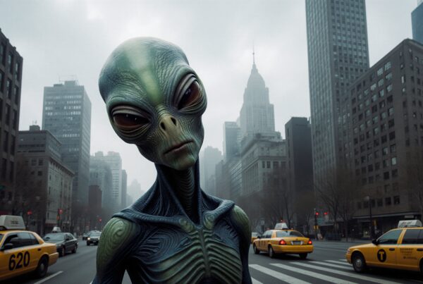 Mysterious alien stands amidst bustling city taxis and skyscrapers.