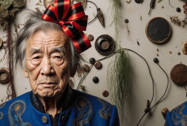 Portrait of an elderly person with a red and black bow, in a blue garment with a textured background.