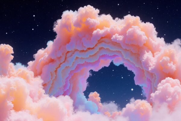 A surreal cloud arch set against a starry night sky with dreamy pink and orange hues.