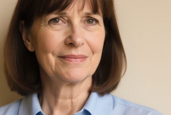 A middle-aged woman with brown hair smiles gently in a light blue shirt against a neutral background.