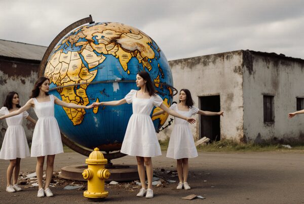 Five women in white dresses encircle a giant globe, symbolizing unity amidst an abandoned setting.