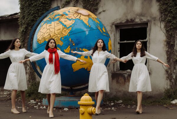 Four women in white dresses stand around a globe near an old building.