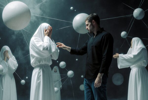 A man in black interacts with veiled figures surrounded by floating spheres in a surreal, mystical setting.