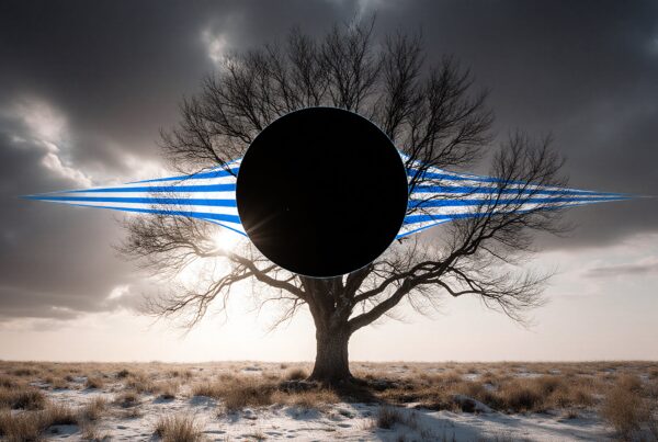 A surreal landscape of a leafless tree intersected by blue and white geometric lines with a black circle.