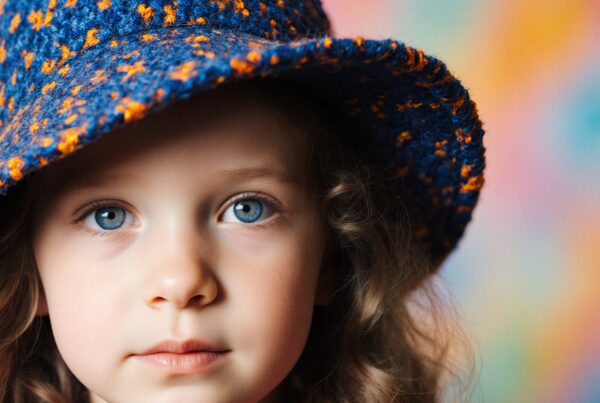 A young child with blue eyes and curly hair wears a textured blue and orange hat against a colorful background.