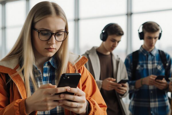 Young people engrossed in smartphones indoors.