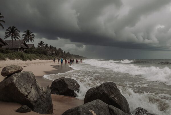 Tropical beach with stormy clouds, people walking.