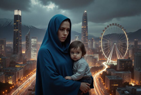 Woman in blue hood holds child in vibrant city skyline.