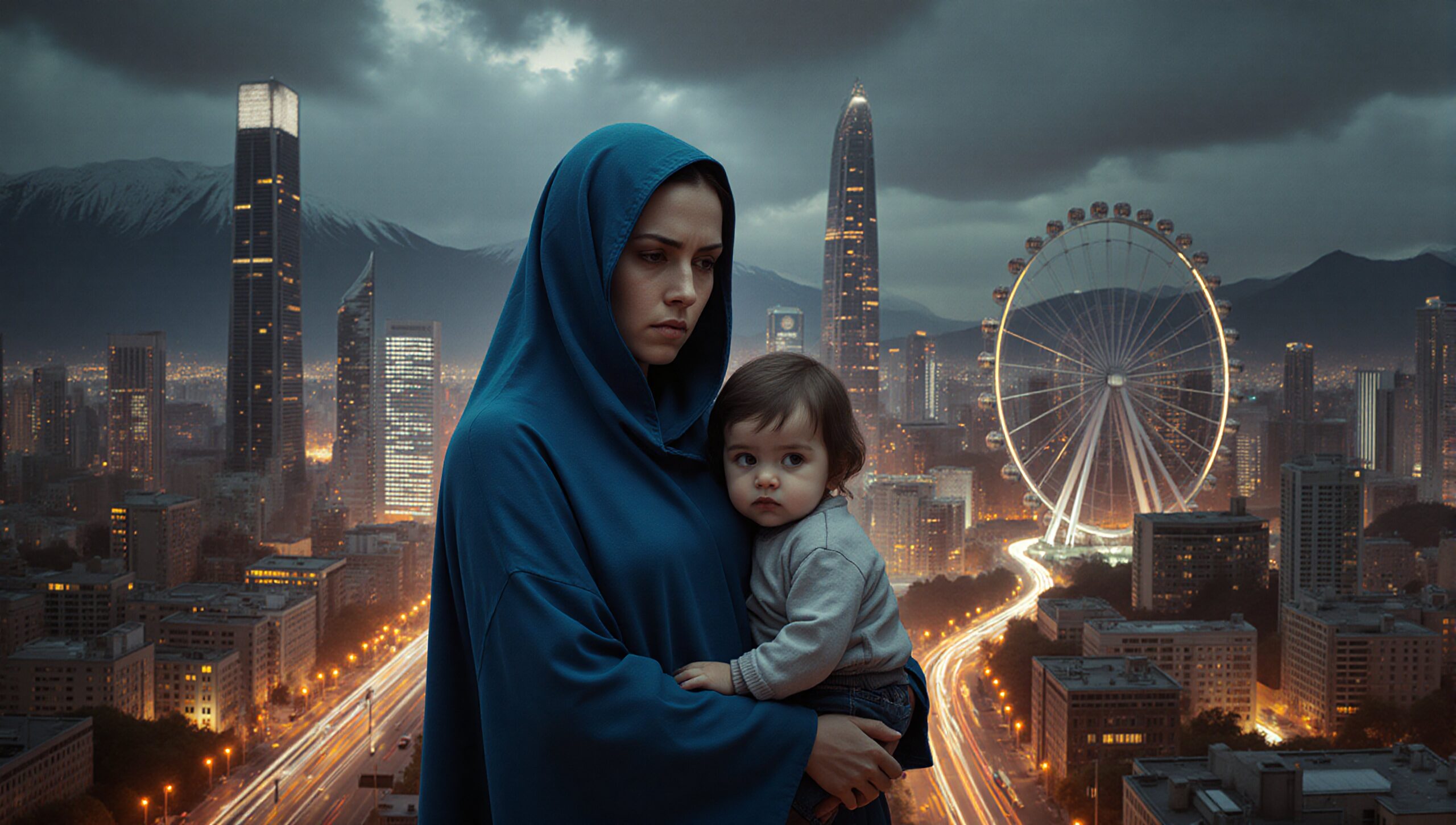Mother and child amidst cityscape