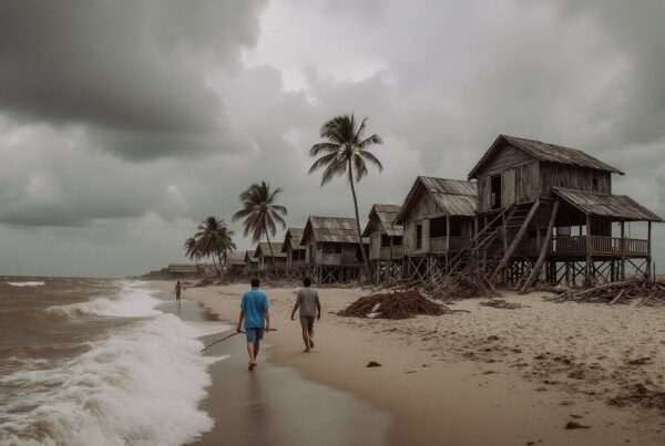 Two people walk by rustic stilt houses on a stormy beach.