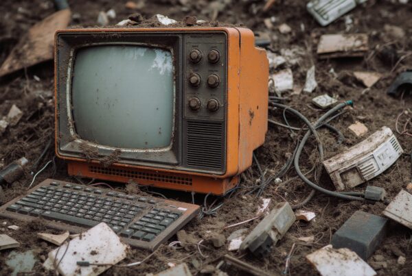 An old orange TV and keyboard amidst e-waste.