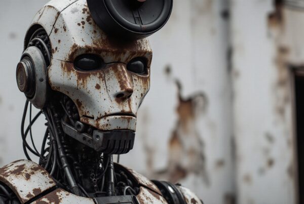 A rusted humanoid robot with a weathered exterior in a dystopian setting.