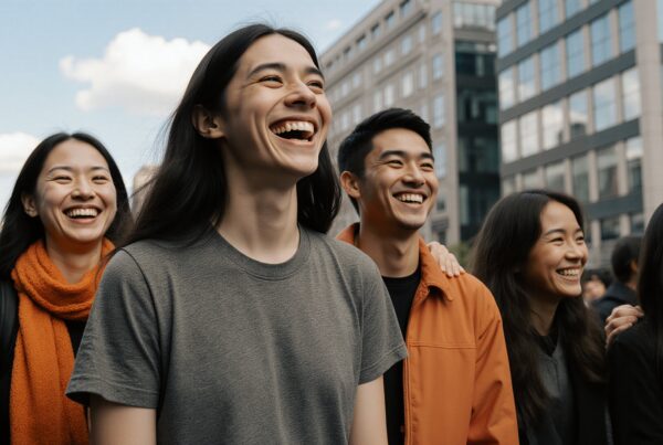 A group of friends cheerfully smiling in an urban city setting.