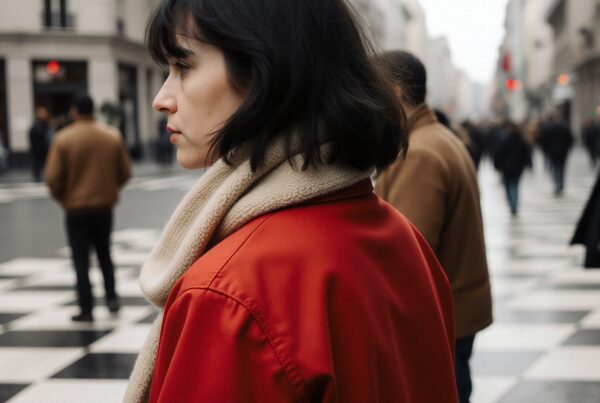 A woman in a red coat standing thoughtfully in a busy city street with a checkered pattern pavement.