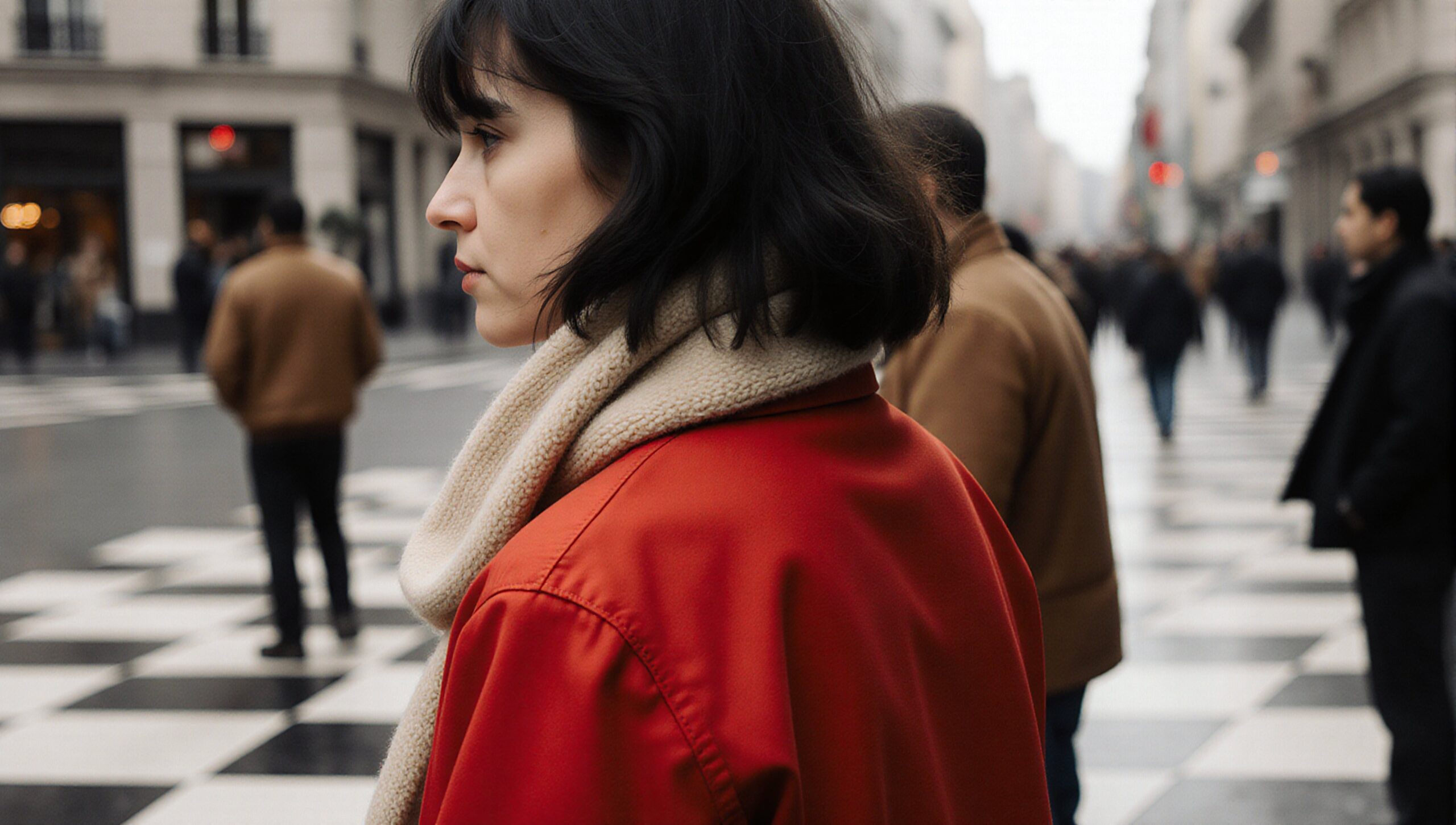 Woman in red amid crowd