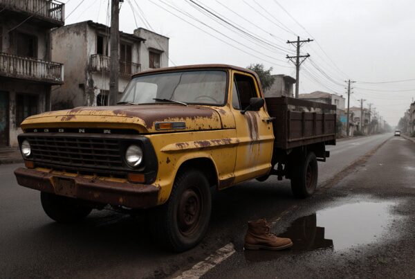 A rusty yellow truck parked on an abandoned street, highlighting urban decay and solitude.