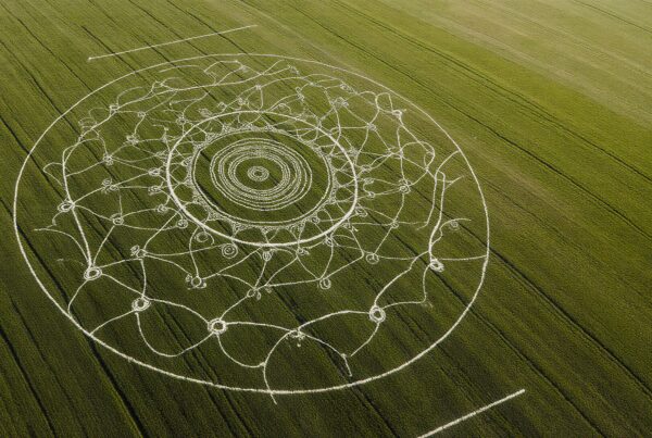 An intricate crop circle design displayed in a vast green field, showcasing symmetry and artistic detail.