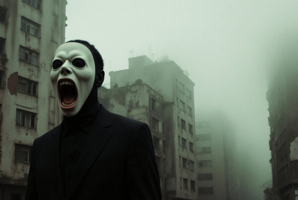 Masked figure in foggy urban environment with abandoned buildings.