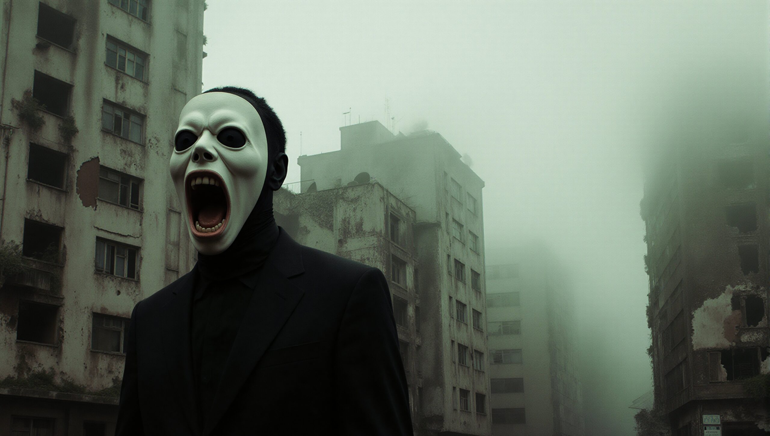 Foggy City with Masked Figure