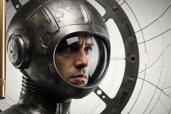A futuristic astronaut with a detailed metallic helmet inside a spacecraft interior.