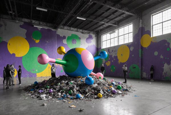 A large colorful sculpture resembling an atom inside an industrial space with vibrant walls and observing people.